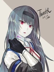 Rule 34 | 1girl, absurdres, bad id, bad pixiv id, black gloves, blue hair, cizzi, girls&#039; frontline, gloves, grey background, hairband, highres, long hair, looking at viewer, necktie, open mouth, red eyes, scar, shirt, solo, speech bubble, strapless, thunder (girls&#039; frontline), white shirt