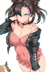 Rule 34 | 1girl, aqua eyes, arm at side, asymmetrical bangs, asymmetrical hair, black choker, black hair, breasts, choker, collarbone, cowboy shot, creatures (company), game freak, gen 8 pokemon, hair between eyes, hair tie, highres, large breasts, looking at viewer, marnie (pokemon), medium breasts, medium hair, morpeko, nintendo, parted lips, pokemon, pokemon (creature), pokemon swsh, ruffling hair, simple background, solo, standing, stomach, tsukasawa takamatsu, two side up, white background