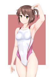 Rule 34 | 1girl, absurdres, arm up, armpits, black ribbon, breasts, brown hair, cameltoe, commission, competition swimsuit, covered navel, etou kanami, hair ribbon, highres, looking at viewer, multicolored clothes, multicolored swimsuit, one-piece swimsuit, one side up, ribbon, short hair, skeb commission, small breasts, solo, swimsuit, takafumi, toji no miko, white one-piece swimsuit