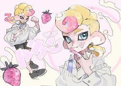 Rule 34 | 1boy, black footwear, blonde hair, blue eyes, closed eyes, closed mouth, commentary request, earrings, eyebrow cut, food, fruit, gradient hair, highres, jewelry, medium hair, mohawk, multicolored hair, multiple views, nintendo, octoling, octoling boy, octoling player character, pink background, pink hair, qiu qiu dbao, shoes, smile, splatoon (series), splatoon 3, strawberry, sweater, teeth, tentacle hair, thick eyebrows, translation request, two-tone hair, upper teeth only, white sweater, wide sleeves