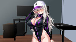 Rule 34 | 1girl, baseball cap, black eyes, blush, breasts, cleavage, computer, covered erect nipples, enadori oneesan to ecchi shiyo?, female focus, grey hair, grin, groin, happy, hat, hayashi cherry, highres, huge breasts, indoors, jacket, legs, leotard, long hair, looking at viewer, monitor, original, revealing clothes, smile, solo, standing, table, thighs, zipper