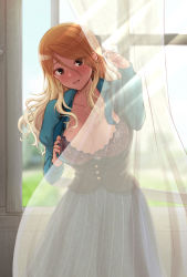 Rule 34 | 1girl, :d, black eyes, blonde hair, blouse, blush, bra, breasts, brown hair, collarbone, collared shirt, curtains, earrings, erynkii, eyes visible through hair, gradient hair, gyaru, hair between eyes, idolmaster, idolmaster shiny colors, indoors, izumi mei, jewelry, lace, lace bra, large breasts, long hair, long sleeves, looking at viewer, multicolored hair, open clothes, open mouth, open shirt, puffy long sleeves, puffy sleeves, see-through, shirt, skirt, smile, solo, sunlight, tan, underwear, vest, window
