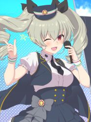 Rule 34 | 1girl, absurdres, ada badguy, anchovy (girls und panzer), anzio (emblem), black necktie, black ribbon, blue hat, blue skirt, blue vest, bow, bow skirt, cabbie hat, commentary, day, dress shirt, drill hair, emblem, frilled shirt, frilled skirt, frills, girls und panzer, girls und panzer senshadou daisakusen!, green hair, grey bow, hair ribbon, hat, high-waist skirt, highres, holding, holding microphone, idol, index finger raised, long hair, looking at viewer, microphone, miniskirt, necktie, official alternate costume, one eye closed, open clothes, open mouth, open vest, outdoors, puffy short sleeves, puffy sleeves, red eyes, ribbon, shirt, short sleeves, skirt, smile, solo, standing, star (symbol), twin drills, twintails, vest, white shirt, wrist cuffs