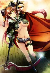 Rule 34 | 1girl, absurdres, boots, breasts, cape, elbow gloves, fur trim, gauntlets, gloves, hat, highres, holding, holding weapon, hyakka ryouran samurai girls, jester cap, knee boots, large breasts, looking away, midriff, nishii (damnedrive), red hair, scan, scythe, short sleeves, shorts, smile, solo, thigh strap, tokugawa sen, turtleneck, weapon, wooden floor, yellow eyes