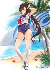 Rule 34 | 1girl, absurdres, ahoge, arm up, armpits, beach, black hair, blue one-piece swimsuit, breasts, covered navel, crop top, crop top overhang, day, full body, grin, highres, iris yuma, large breasts, long hair, looking at viewer, neckerchief, ocean, official art, old school swimsuit, one-piece swimsuit, one eye closed, outdoors, palm tree, ponytail, rainmaker, red eyes, sailor collar, sailor shirt, school swimsuit, see-through, shirt, shoes, short sleeves, smile, solo, soulworker, standing, starfish, sunlight, surfboard, swimsuit, thighhighs, thighs, tree, very long hair, water, wet, wet clothes, wet shirt, white footwear, white shirt, white thighhighs, wristband