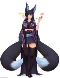 Rule 34 | 1girl, animal ears, black thighhighs, breasts, brown eyes, fox ears, fox tail, full body, hair between eyes, highres, holding, holding smoking pipe, japanese clothes, kimono, kiseru, large breasts, long hair, looking at viewer, meolucky147, multiple tails, obi, original, sandals, sash, smoke, smoking pipe, solo, standing, tail, thighhighs, white background, wide sleeves, zouri