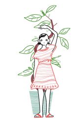 Rule 34 | 1girl, arm up, dress, expressionless, highres, leaf, looking at viewer, mashimi, no nose, original, plant, potted plant, red dress, red footwear, sandals, short sleeves, simple background, solo, standing, white background, wide shot