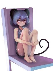 Rule 34 | 1girl, alternate costume, animal ears, barefoot, blush, chair, full body, grey hair, highres, kikimifukuri, looking to the side, mouse ears, mouse tail, nazrin, red eyes, short hair, simple background, sitting, solo, tail, touhou, white background