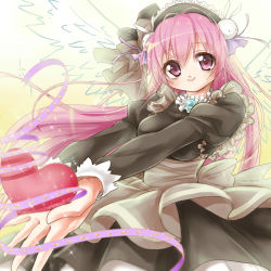 Rule 34 | 1girl, black dress, rabbit hair ornament, dress, frills, hair ornament, heart, highres, juliet sleeves, leno^a^, long hair, long sleeves, looking at viewer, misha, misha (pita ten), outstretched arms, outstretched hand, petticoat, pink eyes, pink hair, pita ten, puffy long sleeves, puffy sleeves, purple eyes, purple ribbon, ribbon, signature, smile, solo, sparkle, very long hair, wings