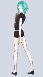 Rule 34 | androgynous, aqua hair, ass, black necktie, black shorts, clipboard, collared shirt, commentary request, from behind, full body, gem uniform (houseki no kuni), gender request, gloves, green eyes, grey background, highres, houseki no kuni, long legs, looking at viewer, looking back, necktie, nigou, pale skin, phosphophyllite, puffy sleeves, shirt, short hair, short sleeves, shorts, simple background, solo, sparkle, standing, uniform, white shirt