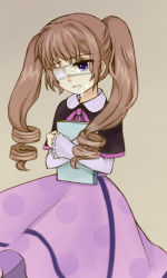 Rule 34 | 1girl, beige background, black capelet, book, bow, capelet, crying, crying with eyes open, dress, eyepatch, frilled sleeves, frills, higanbana no saku yoru ni, holding, holding book, light brown hair, long sleeves, onikutotake, open mouth, pink bow, pink dress, polka dot, polka dot dress, purple eyes, sakurada michiru, solo, tears, twintails, white sleeves