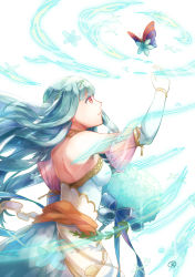 Rule 34 | 1girl, bare shoulders, blue hair, bride, bug, butterfly, dress, fire emblem, fire emblem: the blazing blade, fire emblem heroes, flower, gloves, hair ornament, highres, insect, jewelry, long hair, ninian, nintendo, red eyes, simple background, solo, tarayuki, wedding dress