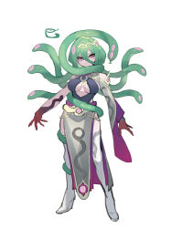 1girl 2025 baniran_dorosu breasts chinese_zodiac claw_pose full_body green_hair hair_between_eyes high_heels long_hair looking_at_viewer medium_breasts monster_girl original pelvic_curtain personification red_eyes single_sleeve slit_pupils snake snake_hair solo thighhighs very_long_hair wedge_heels white_background year_of_the_snake