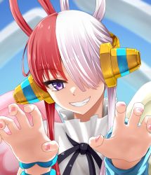 Rule 34 | 1girl, claw pose, hair over one eye, hands up, multicolored hair, nail polish, nm (tshell2761), one piece, one piece film: red, purple eyes, red hair, smile, teeth, thick eyelashes, uta (one piece), white hair, wings