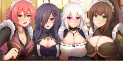 Rule 34 | 4girls, ahoge, arm under breasts, black hair, breasts, brown hair, character request, cleavage, cleavage cutout, closed mouth, clothing cutout, corset, framed breasts, frills, frown, green eyes, hair between eyes, hair ornament, hair over one eye, indoors, kanzaki kureha, large breasts, long hair, looking at viewer, maid, maid headdress, multiple girls, o-ring, o-ring top, open mouth, original, pink hair, ponytail, purple eyes, red eyes, smile, white hair, x hair ornament, yellow eyes