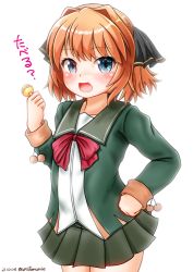 Rule 34 | 1girl, black ribbon, blue eyes, brown hair, candy, commentary request, cowboy shot, dated, food, green jacket, green sailor collar, green skirt, hachijou (kancolle), hair ribbon, highres, holding, holding candy, holding food, holding lollipop, jacket, kantai collection, lollipop, long sleeves, neck ribbon, one-hour drawing challenge, pleated skirt, red ribbon, ribbon, sailor collar, school uniform, serafuku, short hair, simple background, skirt, solo, standing, twitter username, ura tomomi, white background