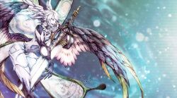 Rule 34 | 1girl, athena (ff14), butterfly wings, closed eyes, feathered wings, final fantasy, final fantasy xiv, greatsword, head wings, highres, hollow body, insect wings, long hair, low wings, mihira (tainosugatayaki), sidelocks, signature, solo, spoilers, sword, weapon, white hair, wings
