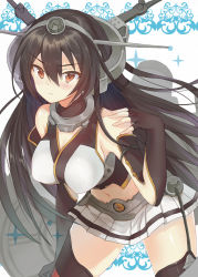 Rule 34 | 10s, 1girl, bad id, bad pixiv id, bare shoulders, black hair, black thighhighs, breasts, brown eyes, elbow gloves, fingerless gloves, gloves, hayama eishi, kantai collection, large breasts, long hair, miniskirt, nagato (kancolle), navel, skirt, solo, thighhighs