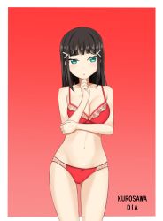 Rule 34 | 10s, 1girl, :o, arm grab, black hair, blunt bangs, blush, border, bra, breasts, cleavage, commentary request, cowboy shot, derivative work, gradient background, green eyes, hair ornament, hairclip, hand on own chin, kuro ikusanin, kurosawa dia, light frown, looking at viewer, love live!, love live! sunshine!!, medium breasts, medium hair, no mole, outside border, panties, parted lips, red background, red bra, red panties, simple background, solo, standing, thighs, underwear, underwear only, white border