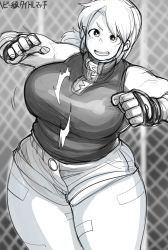 Rule 34 | 1girl, bare shoulders, belly, bouncing breasts, breasts, cage, character request, curvy, fighting stance, fingerless gloves, fist, gloves, greyscale, highres, huge breasts, hunter rank e, looking at viewer, martial arts, mixed martial arts, mma cage, mma gloves, monochrome, open mouth, plump, short shorts, shorts, solo, thick thighs, thighs, wide hips