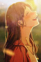 Rule 34 | 1girl, backlighting, blouse, blurry, blurry background, blush, brown hair, closed eyes, collarbone, depth of field, from side, highres, jacket, long hair, open mouth, original, red jacket, shirt, sidelighting, smile, sunlight, teeth, tsujin bohboh, white shirt