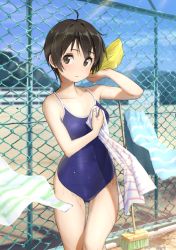 Rule 34 | 1girl, ahoge, blue one-piece swimsuit, blue sky, brown eyes, brown hair, chain-link fence, cleaning brush, cloud, competition school swimsuit, cowboy shot, day, domo1220, fence, looking at viewer, one-piece swimsuit, original, outdoors, school swimsuit, short hair, sky, solo, standing, striped towel, swimsuit