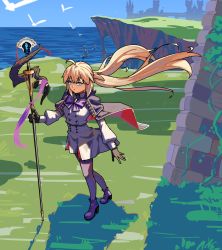 Rule 34 | 1girl, ahoge, artoria caster (fate), artoria pendragon (fate), bird, blonde hair, blue cape, blue eyes, boots, brown gloves, buttons, cape, castle, commentary, day, double-breasted, dress, english commentary, expressionless, fate/grand order, fate (series), gloves, grass, high heel boots, high heels, highres, holding, holding staff, juliet sleeves, long hair, long sleeves, looking at viewer, mandrew, ocean, outdoors, ponytail, puffy long sleeves, puffy sleeves, purple footwear, ruins, scenery, seagull, solo, staff, sunlight, thighhighs, water, white dress