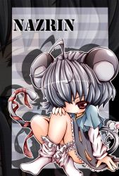 Rule 34 | 1girl, animal ears, blush, character name, chibi, crystal, grey background, grey hair, jewelry, lace, mouse (animal), mouse ears, mouse tail, nazrin, pendant, red eyes, ritateo, short hair, sitting, tail, touhou