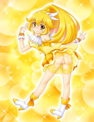 Rule 34 | 10s, 1girl, amane (funfun), ass, bike shorts, bike shorts under skirt, blonde hair, blush, boots, censored, cure peace, double v, embarrassed, eyelashes, frills, hair flaps, hair ornament, high heels, kise yayoi, legs, long hair, looking at viewer, magical girl, ponytail, precure, pussy, shoes, shorts, shorts under skirt, skirt, smile precure!, solo, torn clothes, upskirt, v, wide ponytail, wrist cuffs, yellow background, yellow eyes, yellow shorts, yellow skirt, yellow theme