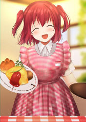 Rule 34 | 1girl, absurdres, apron, closed eyes, food, gingham, gingham apron, highres, holding, holding plate, holding tray, kazepana, ketchup, kurosawa ruby, love live!, love live! school idol festival, love live! sunshine!!, omelet, omurice, open mouth, plate, red apron, red hair, shirt, short hair, short sleeves, smile, solo, tray, two side up, waitress, white shirt