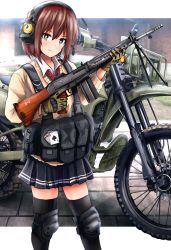 Rule 34 | 1girl, absurdres, assault rifle, battle rifle, black skirt, black thighhighs, blurry, blurry background, bright pupils, brown eyes, brown hair, card, closed mouth, commentary, day, depth of field, double horizontal stripe, dress shirt, gloves, green gloves, gun, harness, headphones, highres, holding, holding gun, holding weapon, howa type 64, huge filesize, kawasaki klx250, kk90, knee pads, looking at viewer, miniskirt, motor vehicle, motorcycle, necktie, original, outdoors, outside border, playing card, pleated skirt, red necktie, rifle, shirt, short hair, skindentation, skirt, smile, solo, standing, sweater, tactical clothes, thighhighs, weapon, white pupils, white shirt, white sweater, wing collar, zettai ryouiki