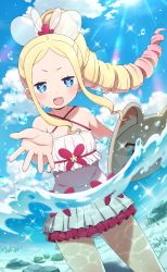 Rule 34 | 1girl, alternate costume, alternate hairstyle, beatrice (re:zero), blonde hair, blue eyes, blush, bug, butterfly, butterfly-shaped pupils, day, drill hair, highres, in water, insect, long hair, looking at viewer, official art, one-piece swimsuit, open mouth, outdoors, pink hair, ponytail, puck (re:zero), re:zero kara hajimeru isekai seikatsu, re:zero kara hajimeru isekai seikatsu: lost in memories, smile, swimsuit, swimsuit skirt, symbol-shaped pupils, white one-piece swimsuit