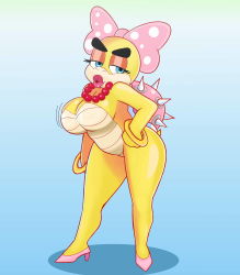 Rule 34 | 1girl, absurdres, blue eyes, bow, bracelet, breasts, colored skin, furry, hand on own hip, high heels, highres, jewelry, large breasts, mario (series), necklace, nintendo, nude, shell, shiny skin, spiked shell, starfinga, super mario bros. 3, tail, thick eyebrows, thick lips, thick thighs, thighs, wendy o. koopa, wide hips