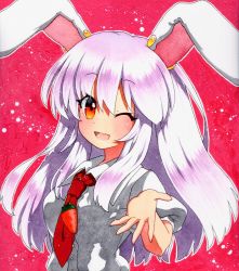 Rule 34 | bad id, bad pixiv id, blouse, carrot necklace, collared shirt, hair between eyes, jewelry, necklace, necktie, pink background, qqqrinkappp, red necktie, reisen udongein inaba, shikishi, shirt, simple background, solo, tagme, touhou, traditional media, white shirt