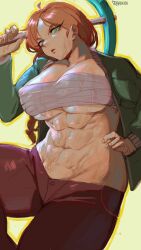 Rule 34 | 1girl, abs, absurdres, alex (minecraft), breasts, green eyes, hand on own hip, highres, large breasts, long braid, long hair, looking at viewer, minecraft, muscular, muscular female, open clothes, open shirt, pickaxe, red hair, sadak0, sarashi, solo, sweat