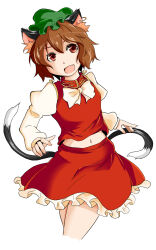 Rule 34 | 1girl, :d, animal ear fluff, animal ear piercing, animal ears, bow, bowtie, breasts, brown eyes, brown hair, cat ears, cat tail, chen, commentary request, cowboy shot, cropped legs, double-parted bangs, earrings, fang, frills, green hat, happy, hat, highres, jewelry, juliet sleeves, long sleeves, looking at viewer, midriff, mob cap, multiple tails, navel, nekomata, open mouth, petticoat, puffy sleeves, red skirt, red vest, running, shiromamekei, short hair, simple background, single earring, skirt, skirt set, small breasts, smile, solo, tail, touhou, twisted torso, two tails, vest, white background, white bow, white bowtie