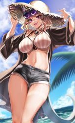 Rule 34 | 1girl, :d, absurdres, arknights, bikini, black jacket, black shorts, blue bracelet, blue nails, blue sky, breasts, brown bikini, brown hat, cleavage, cowboy shot, fang, hair ornament, hairclip, hands on headwear, hands up, hat, highres, jacket, jewelry, large breasts, looking at viewer, nail polish, navel, necklace, official alternate costume, open clothes, open jacket, open mouth, outdoors, palm leaf, purple-tinted eyewear, purple eyes, round eyewear, short shorts, shorts, skin fang, sky, smile, solo, stomach, straw hat, striped bikini, striped clothes, sun hat, sunglasses, swimsuit, tail, tinted eyewear, utage (arknights), utage (summer flowers) (arknights), water, yoko2yuray