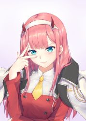 Rule 34 | 10s, 1girl, absurdres, aqua eyes, buttons, darling in the franxx, double-breasted, eyeshadow, hairband, highres, horns, jacket, jacket on shoulders, makeup, military, military uniform, orange neckwear, pink hair, reechio, smile, solo, straight hair, uniform, v, v over eye, white hairband, zero two (darling in the franxx)