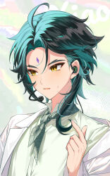 Rule 34 | 1boy, ahoge, aqua hair, blush, collared shirt, commentary request, earpiece, eyeliner, facial mark, forehead mark, genshin impact, green hair, green neckerchief, green shirt, hair behind ear, hand up, headset, highres, jacket, kkopoli, lapels, long sleeves, looking away, makeup, male focus, microphone, multicolored background, multicolored hair, neckerchief, off shoulder, open clothes, open jacket, open mouth, parted bangs, red eyeliner, shirt, short hair, sidelocks, simple background, solo, streaked hair, sweatdrop, upper body, white jacket, xiao (genshin impact), yellow eyes