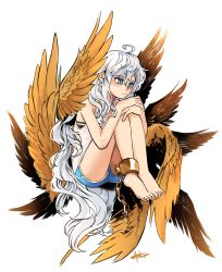 Rule 34 | 1girl, absurdres, ahoge, ankle cuffs, barefoot, blue eyes, blush, dolphin shorts, feathered wings, frown, hayato noda, highres, hugging own legs, knees up, long hair, messy hair, multiple wings, original, shorts, sitting, solo, tank top, very long hair, white hair, wings