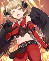 Rule 34 | 10s, 1girl, absurdres, black gloves, black wings, chain, cowboy shot, crop top, feathered wings, gloves, green eyes, highres, himeno kanon, horns, idolmaster, idolmaster side-m, light brown hair, looking at viewer, male focus, midriff, mihatarou, navel, open mouth, pants, red pants, short hair, solo, standing, stomach, wings