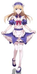 Rule 34 | 1other, androgynous, apron, blonde hair, blue eyes, chevalier d&#039;eon (fate), commentary request, dress, fate/grand order, fate (series), frilled apron, frilled sleeves, frills, hairband, headdress, highres, kofunami nana, long hair, maid, official alternate costume, puffy short sleeves, puffy sleeves, short sleeves, sidelocks, skirt hold, smile, white background, wrist cuffs