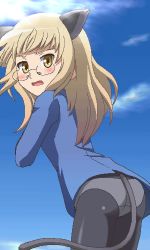 Rule 34 | 00s, 1girl, animal ears, ass, awa, black pantyhose, blonde hair, glasses, jaggy lines, long hair, lowres, oekaki, panties, panties under pantyhose, pantyhose, perrine h. clostermann, solo, strike witches, tail, underwear, world witches series, yellow eyes