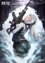 Rule 34 | 1girl, absurdres, ak-12, ak-12 (girls&#039; frontline), artist name, ass, assault rifle, black gloves, braid, breasts, character name, closed eyes, cowboy shot, cropped legs, french braid, girls&#039; frontline, gloves, gun, highres, holding, holding weapon, kalashnikov rifle, long hair, medium breasts, partially fingerless gloves, pouch, rifle, rizal k.f.c, ruins, weapon, white hair