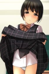 Rule 34 | 1girl, absurdres, black dress, black hair, blush, bow, brown bow, brown eyes, clothes lift, collared shirt, cowboy shot, dress, dress lift, dress shirt, half-closed eyes, highres, lifted by self, looking at viewer, matsunaga kouyou, nose blush, original, panties, parted lips, school uniform, shirt, short hair, solo, striped clothes, striped panties, underwear, white shirt