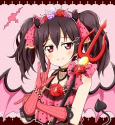 Rule 34 | 1girl, black hair, commentary, commentary request, demon horns, demon tail, demon wings, female focus, horns, karamoneeze, love live!, love live! school idol festival, love live! school idol project, polearm, red eyes, solo, tail, tiara, trident, twintails, upper body, weapon, wings, yazawa nico