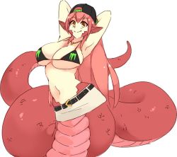 Rule 34 | 1girl, armpits, arms behind head, bare shoulders, belt, belt buckle, bikini, bikini top only, blush, breasts, buckle, commission, fang, fang out, hair between eyes, jewelry, lamia, large breasts, long hair, miia (monster musume), miniskirt, monster energy, monster girl, monster musume no iru nichijou, navel, necklace, pointy ears, red hair, rtil, scales, sidelocks, simple background, skirt, smile, solo, swimsuit, tail, white background, yellow eyes