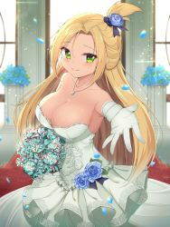 Rule 34 | blonde hair, blue flower, bouquet, breasts, bridal gauntlets, bride, cardfight!! vanguard, dress, dress flower, flower, frills, gauntlets, green eyes, green flower, hair flower, hair ornament, hand out, highres, jewelry, jungki dr, lace, large breasts, long hair, looking at viewer, pendant, petals, smile, solo, tatsunagi kourin, wedding, wedding dress, white dress