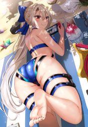 Rule 34 | 1girl, absurdres, ass, back, beach, beach mat, blue bow, blue one-piece swimsuit, blush, bonnet, bow, breasts, cup, fate/grand order, fate (series), feet, food, glasses, hair between eyes, hair bow, handheld game console, highleg, highleg swimsuit, highres, holding, holding handheld game console, iro (boo iro), large breasts, legs, long hair, looking at viewer, looking back, nintendo switch, one-piece swimsuit, playing games, ponytail, red eyes, revision, saint quartz (fate), shaved ice, silver hair, smile, soles, swimsuit, thighs, toes, tomoe gozen (fate), tomoe gozen (swimsuit saber) (fate), tomoe gozen (swimsuit saber) (first ascension) (fate), two-tone swimsuit, white one-piece swimsuit