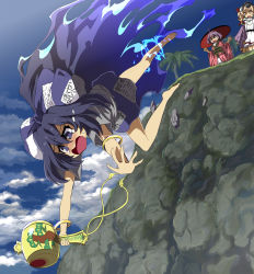 Rule 34 | 3girls, ahoge, aura, bangle, bare legs, barefoot, black hat, blonde hair, blue bow, blue eyes, blue hair, blue skirt, blue sky, bow, bowl, bowl hat, bracelet, brown eyes, cliff, cloud, commentary request, day, debt, dress, eyewear on head, falling, hair bow, hair ribbon, hat, highres, holding, hood, hood down, hoodie, japanese clothes, jewelry, kimono, long hair, miniskirt, miracle mallet, multiple girls, necklace, obi, open mouth, outdoors, palm tree, purple hair, red eyes, red kimono, red ribbon, ribbon, rock, sash, skirt, sky, sukuna shinmyoumaru, sunglasses, sweatdrop, syope, teardrop, tears, top hat, touhou, tree, very long hair, white dress, wide sleeves, yorigami jo&#039;on, yorigami shion